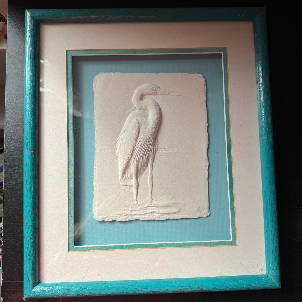 Framed Caste Paper Sculpture Great Blue Heron Signed